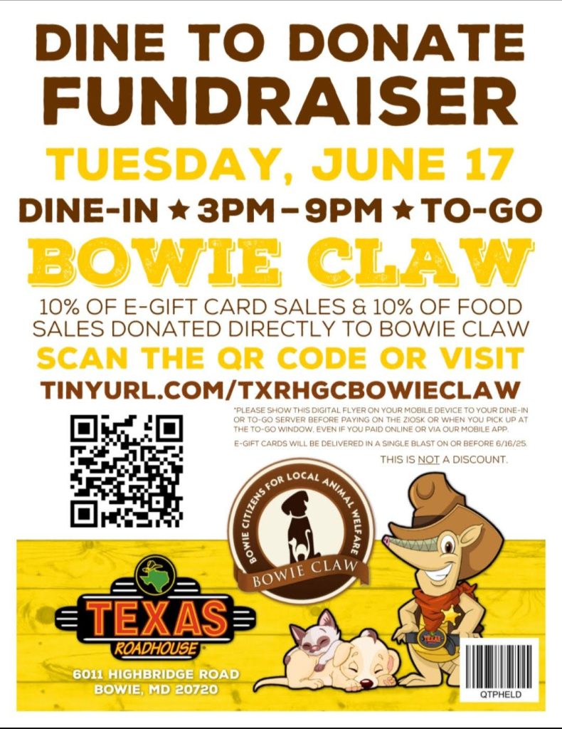 A flyer for a Texas Roadhouse “Dine to Donate Fundraiser” on Tuesday, June 17, from 3–9 PM, supporting Bowie Claw, with details on donating via dine-in, to-go, or e-gift cards. Includes RSVP and location info.