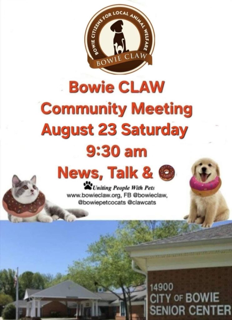 Flyer for Bowie CLAW’s community meeting on Saturday, August 23 at 9:30 am, featuring news, talk, and donuts. Includes images of a cat, a dog, and the Bowie Senior Center building.