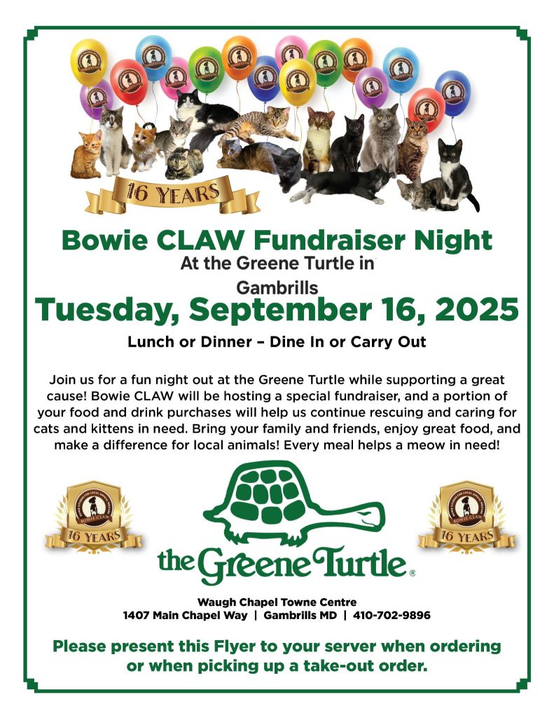 Flyer for Bowie CLAW Fundraiser Night at the Greene Turtle in Gambrills on Tuesday, September 16, 2025, promoting dining to support animal rescue, with colorful balloons, turtle logo, and event details for dine-in or carryout.