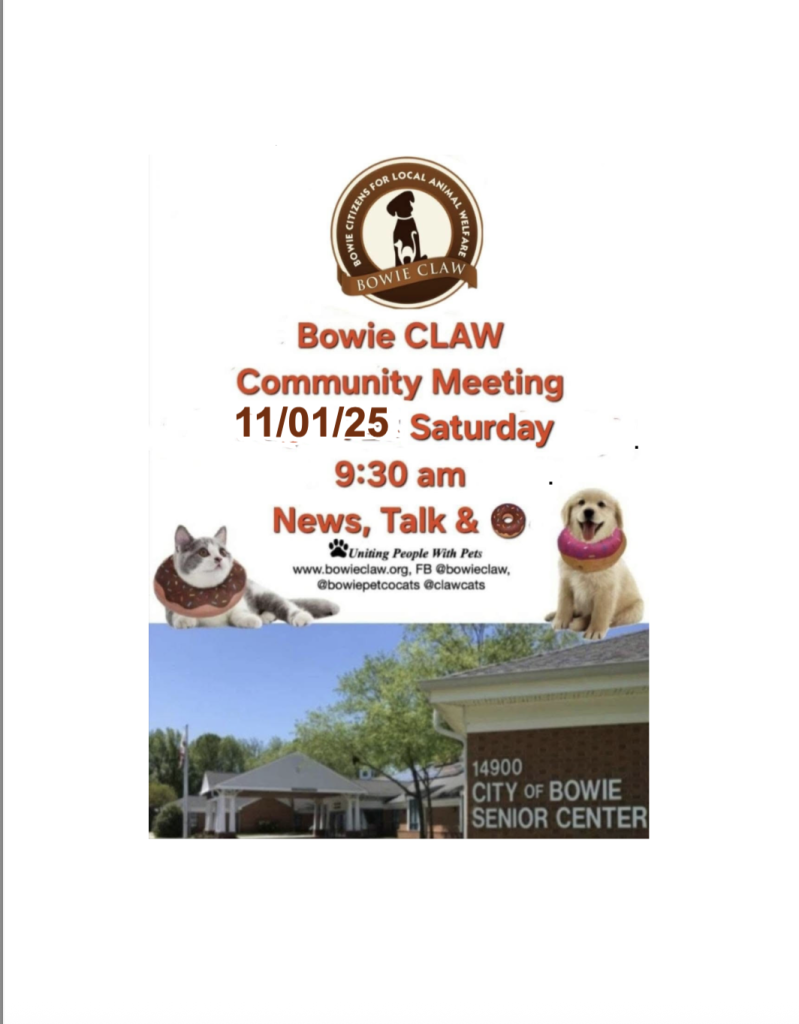 Flyer for Bowie CLAW community meeting on 11/01/25 at 9:30 am, featuring a cat and dog, held at the City of Bowie Senior Center. Text reads, “News, Talk &,” with social media information included.
