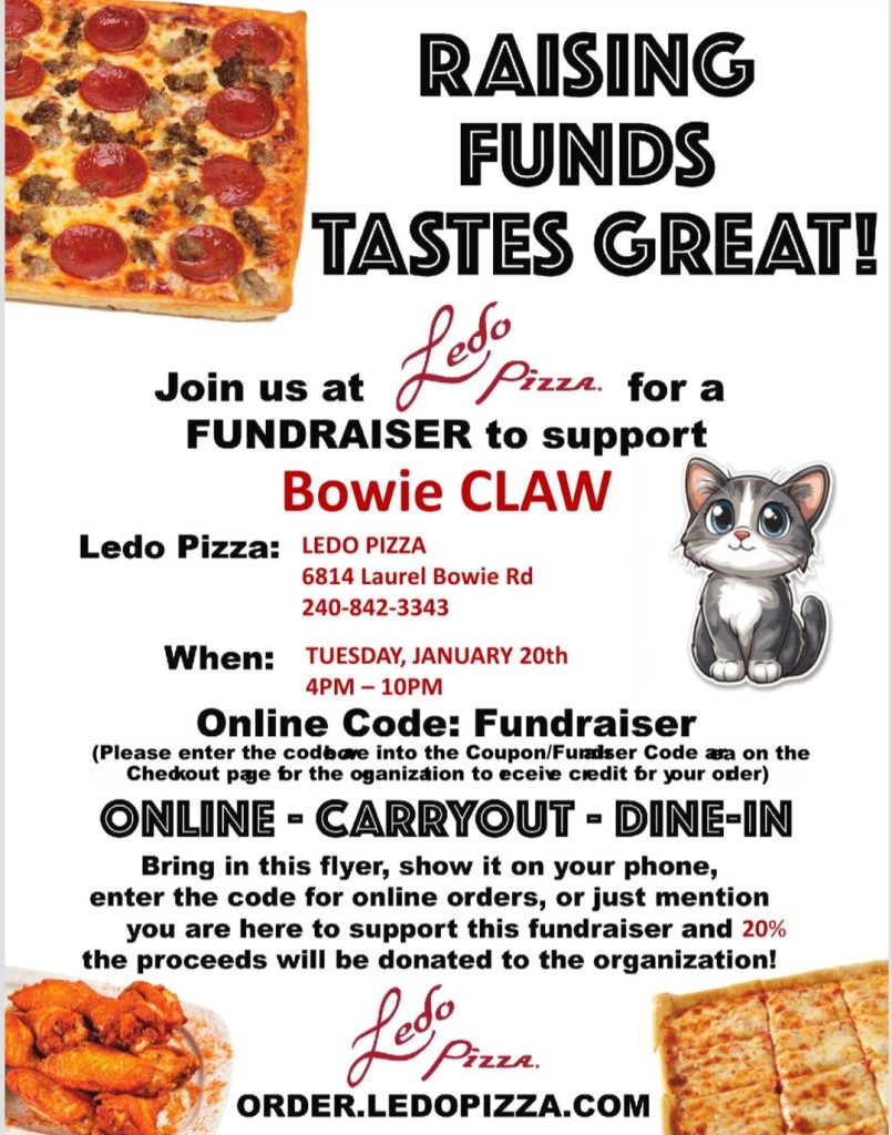 A flyer with images of pizza and a cartoon cat promotes a Ledo Pizza fundraiser for Bowie Claw on Jan 20, 4–10pm. Orders (online, carryout, dine-in) donate 20% if fundraiser code is used. Location and contact details included.