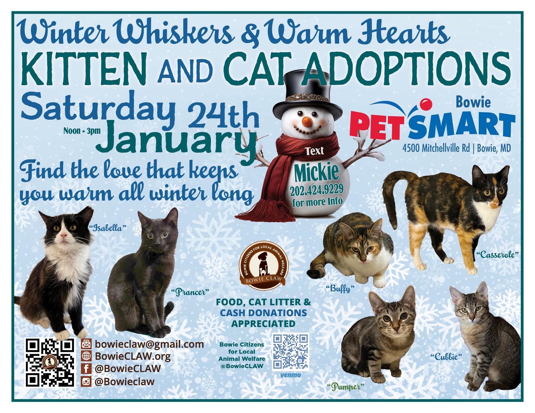 Flyer for a kitten and cat adoption event at PetSmart in Bowie on Saturday, January 24th from noon to 3pm. Features photos and names of several cats available for adoption, plus event and contact details.