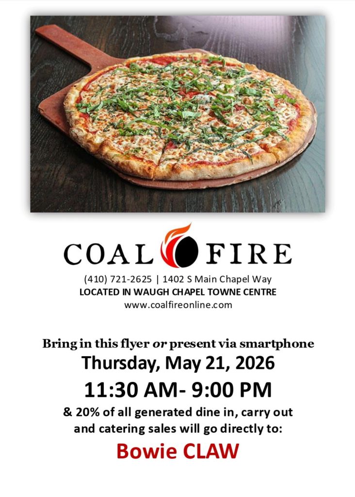 A coal-fired pizza on a wooden board appears above a flyer for a fundraiser at Coal Fire on May 21, 2026, benefitting Bowie CLAW with a portion of sales from dine in, carry out, and catering.