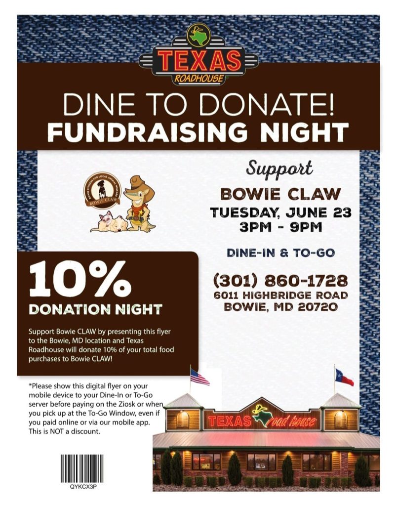 Flyer for Texas Roadhouse fundraising night on June 23, 3-9 p.m., benefitting Bowie Claw. Get 10% of your total donated by presenting the flyer. Includes address, phone, and image of the restaurant.