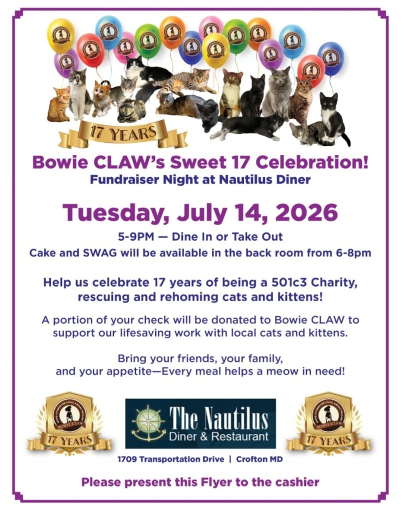 Flyer with cats, balloons, and text promoting Bowie CLAW’s 17th anniversary fundraiser at Nautilus Diner on July 14, 2026, supporting animal rescue, with event details and donation information.