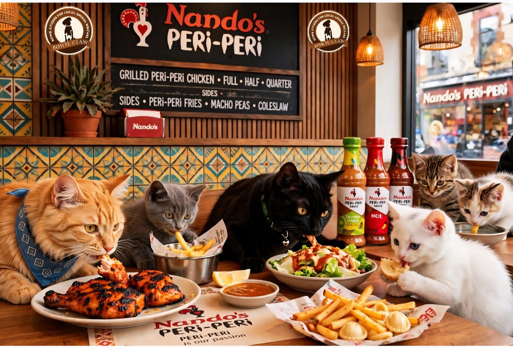 Five cats sit at a Nandos table with various peri-peri dishes, fries, salad, and sauces in bottles, appearing to eat the food. The restaurants branding is visible in the background.